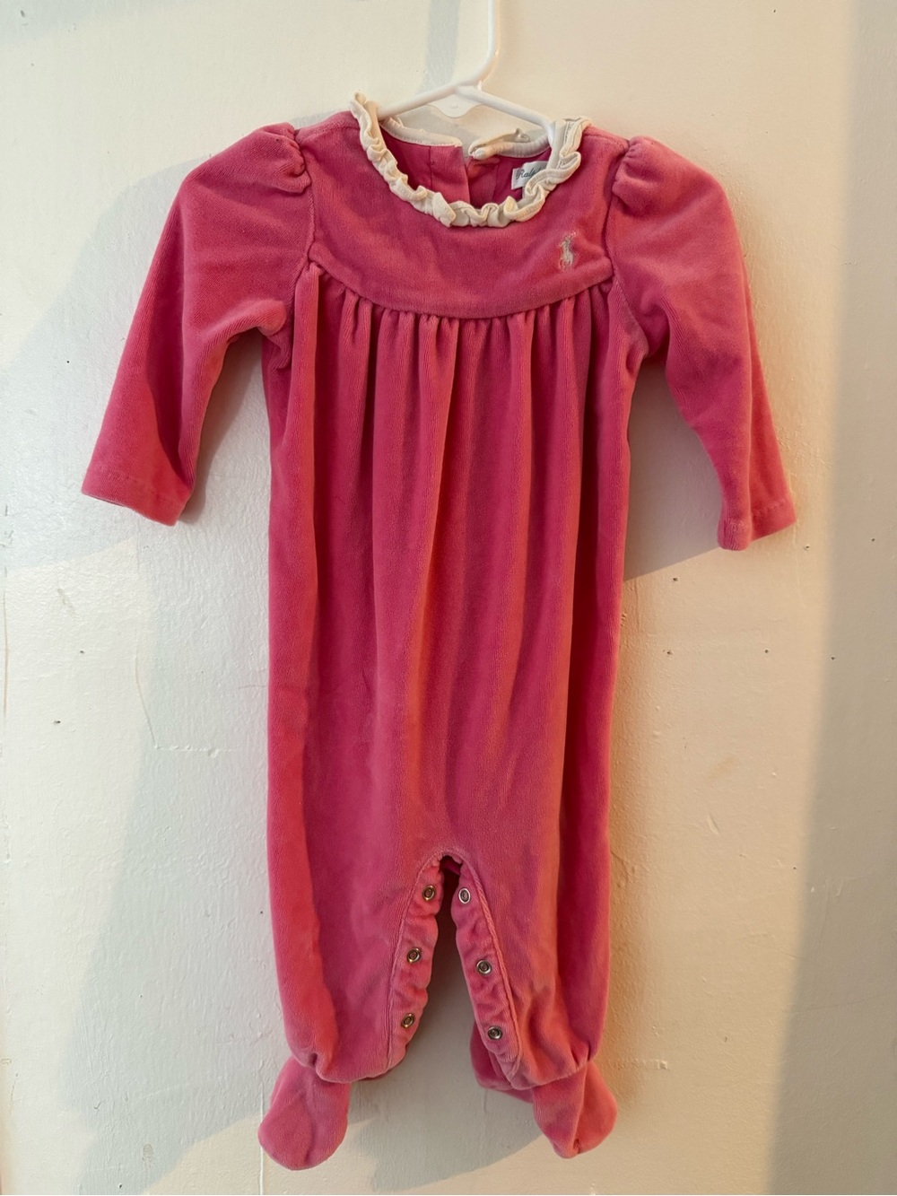 Ralph Lauren Rose Pink Velvet Footed One-Piece with Ruffle Neck